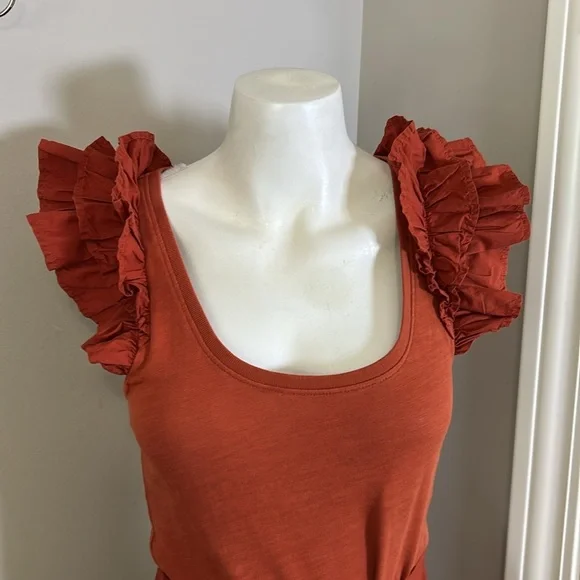 Nation Everleigh Frilly Dress Cayenne Red Orange poplin flutter sleeve Sz XS - Picture 6 of 14